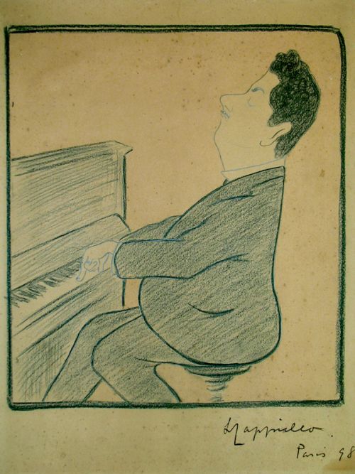 Puccini au piano, original, caricature de Cappiello