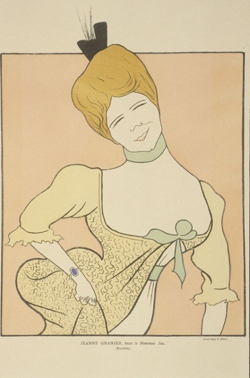 Jeanne Granier dans "Le Nouveau Jeu, publié dans "Nos Actrices", caricature de Cappiello.