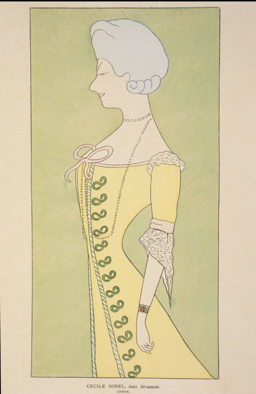 Cécile Sorel dans Struensée, caricature de Cappiello