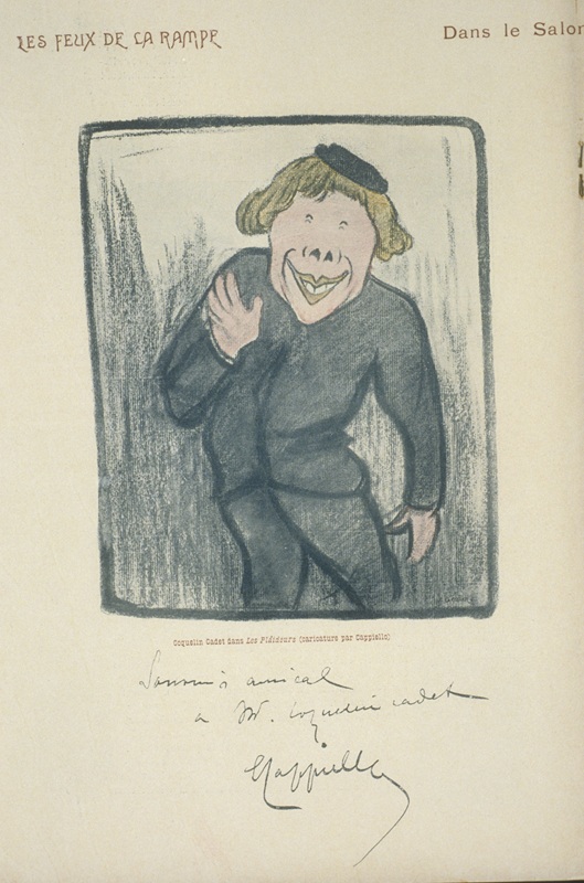 Coquelin Cadet dans Les Plaideurs, caricature de Cappiello