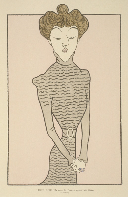 Lucie Gérard dans "Le voyage autour du code", caricature de Cappiello