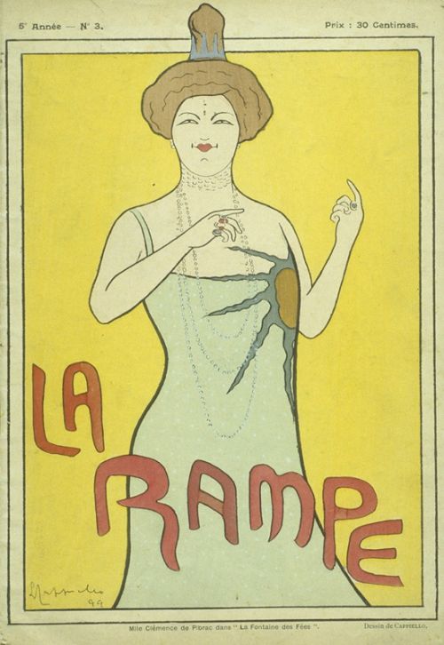 Mlle Clémence de Pibrac dans La Fontaine des fées. Caricature de Cappiello