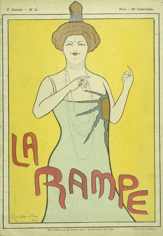 Mlle Clémence de Pibrac dans La Fontaine des fées. Caricature de Cappiello