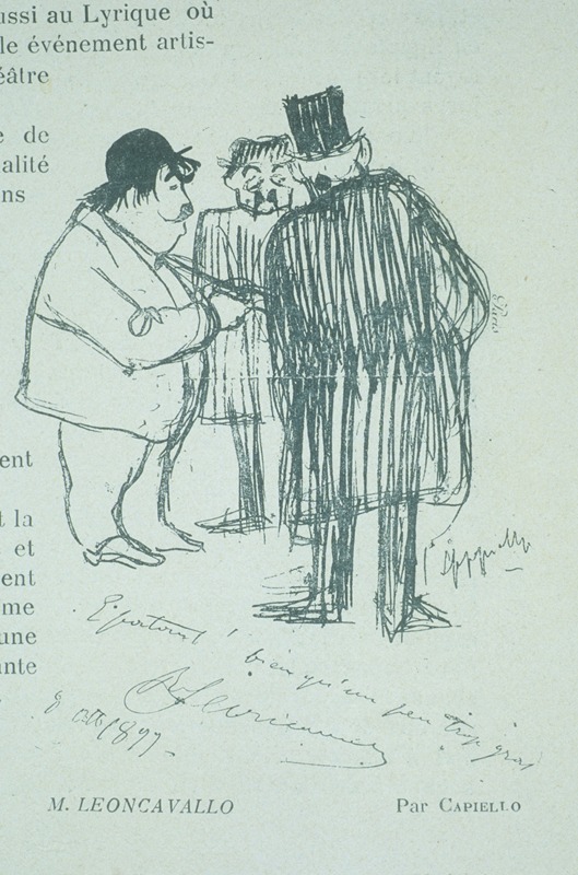 Leoncarvallo avec deux hommes, caricature de Cappiello