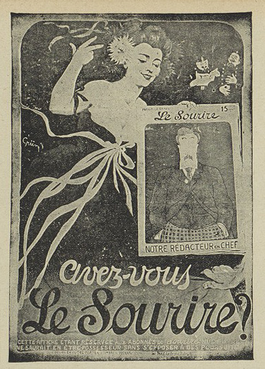 Caricature d'Alphonse Allais par Cappiello enserrée dans une affiche de Grün pour Le Sourire.