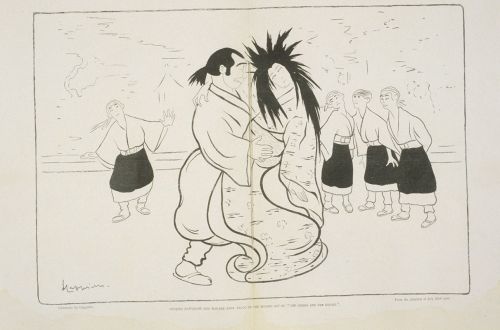 Otojiro Kawakami and madame Sada Yacco in the second act of Geisha and the Knight, caricature de Cappiello