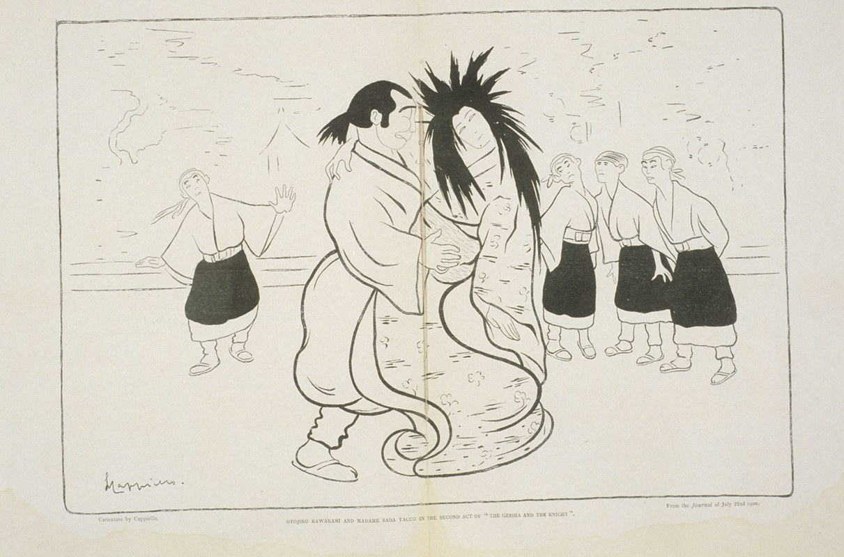 Otojiro Kawakami and madame Sada Yacco in the second act of Geisha and the Knight, caricature de Cappiello