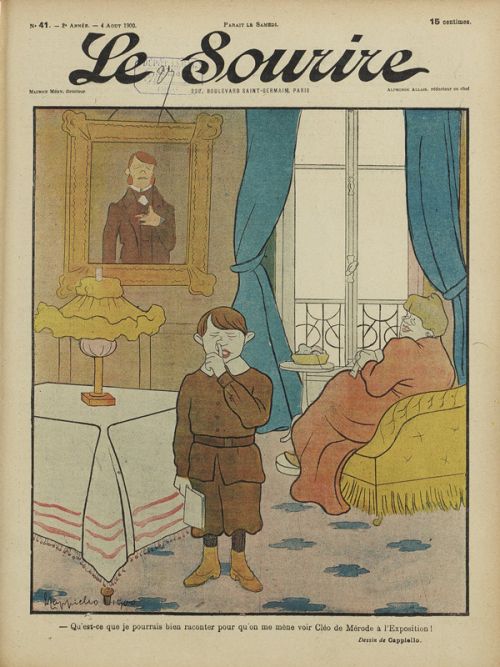 "Qu'est-ce que je pourrais bien raconter pour qu'on me mène voir Cléo de Mérode à l'exposition ! " caricature de Cappiello