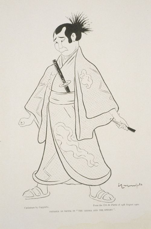 Tsusaka as Banga in "The Geisha and the Knight", caricature de Cappiello