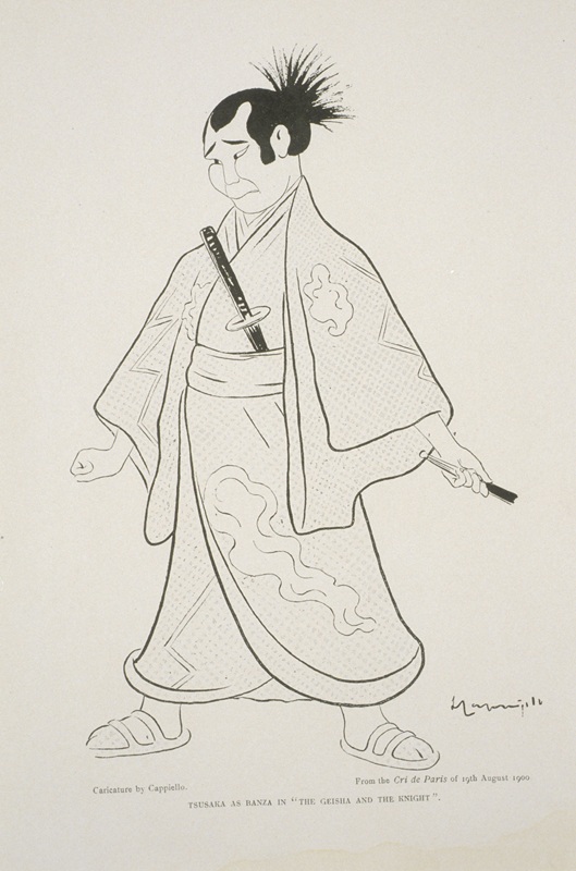 Tsusaka as Banga in "The Geisha and the Knight", caricature de Cappiello