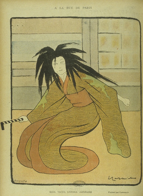A la rue de Paris, Sada Yacco, l'étoile japonaise, caricature de Cappiello