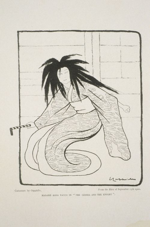 Madame Sada Yacco in the Geisha and the knight, caricature de Cappiello