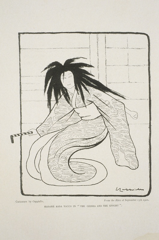 Madame Sada Yacco in the Geisha and the knight, caricature de Cappiello