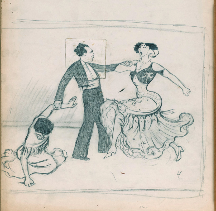 Dessin préparatoire pour "Une fête à Séville", caricature de Cappiello.