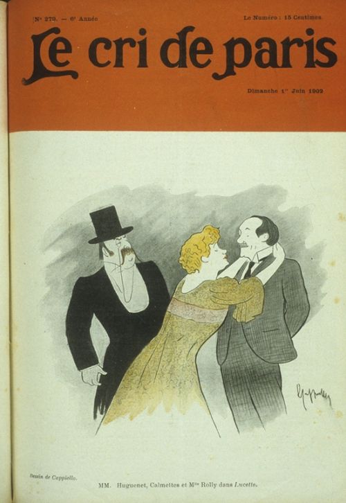 MM Huguenet, Calmettes et Mlle. Rolly dans Lucette, caricature de Cappiello