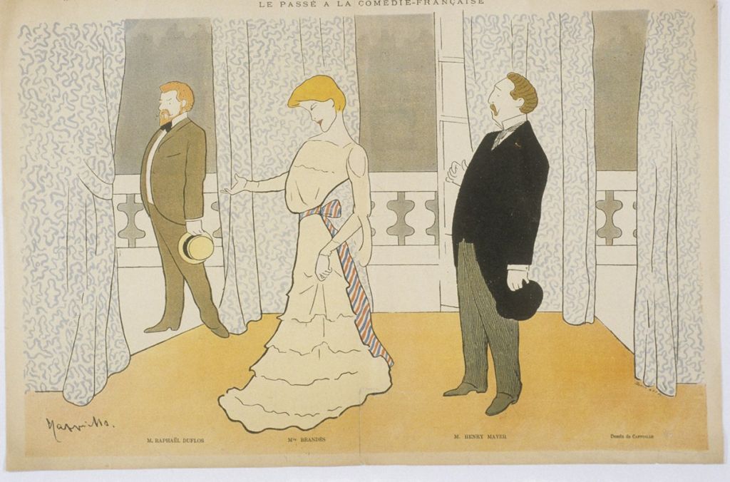 Le passé à la Comédie-française. Caricature de Cappiello. On reconnait de gauche à droite : Duflos, Brandès, Meyer.