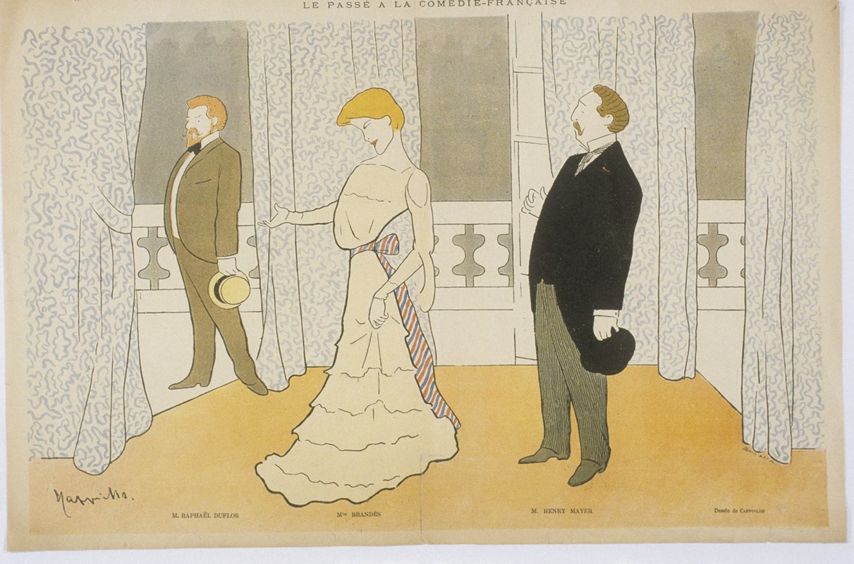 Le passé à la Comédie-française. Caricature de Cappiello. On reconnait de gauche à droite : Duflos, Brandès, Meyer.