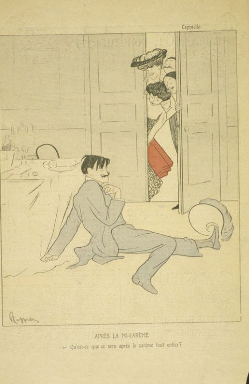 Titre : Après la mi-Carême Légende : -qu'est-ce que ce sera après le Carême tout entier ? Caricature de Cappiello