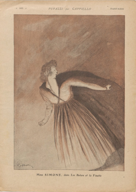 Mme. Simone dans "Les Butors et la Finette", caricature de Cappiello