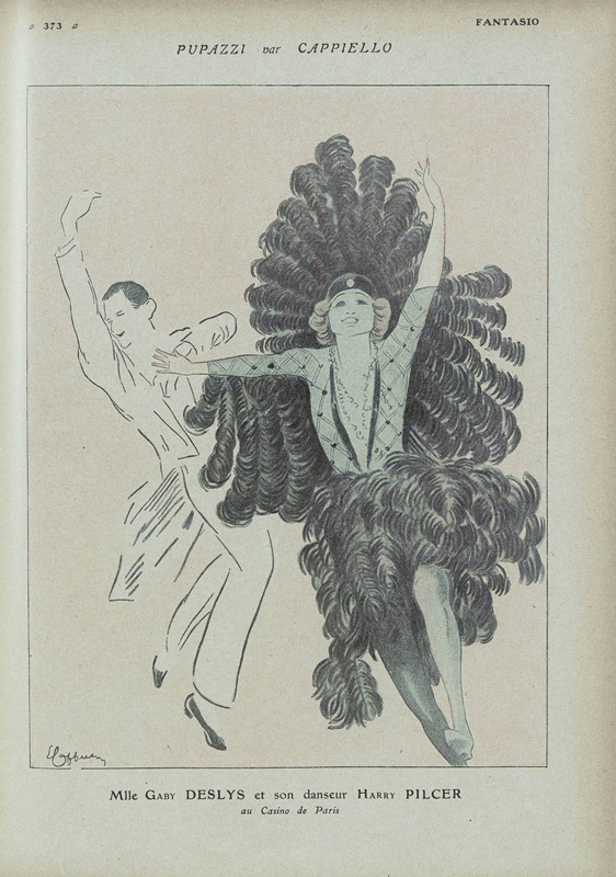 Mlle. Gaby Deslys et son danceur Harry Pilcer au Casino de Paris, caricature de Cappiello