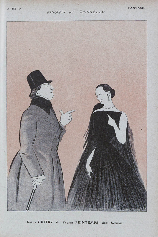 Sacha Guitry et Yvonne Printemps dans Deburau, caricature de Cappiello