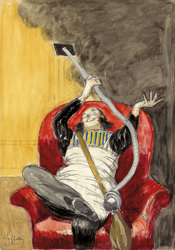 1924 - A man in black uses a sled vacuum cleaner to remove dust. He has wings.