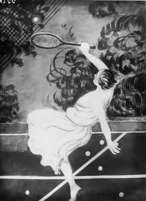 1926 - Une femme joue au tennis sur un court.