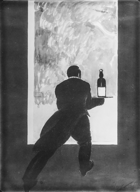 1930 - Un valet de chambre sort servir en terrasse. Sur son plateau une bouteille de Berger.