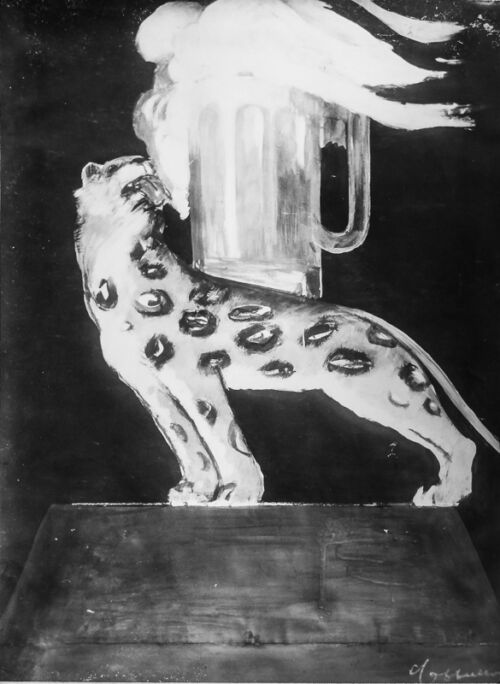 1927 - Un tigre porte sur son dos une chope de bière qui déborde. Il lèche avec plaisir la mousse qui tombe.