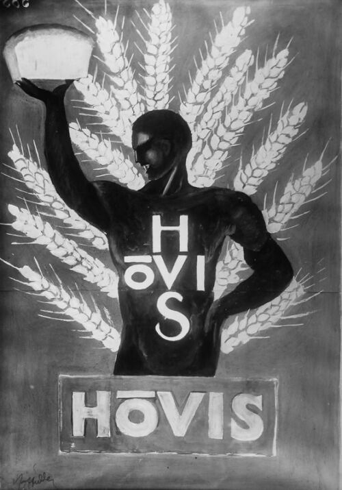 1930 - Un homme brandit un paquet de biscottes devant un éventail d'épis de blé.