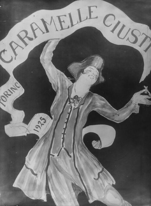 1925 - Un jeune homme au XVIIIème siècle étale une banderole et présente un caramel.