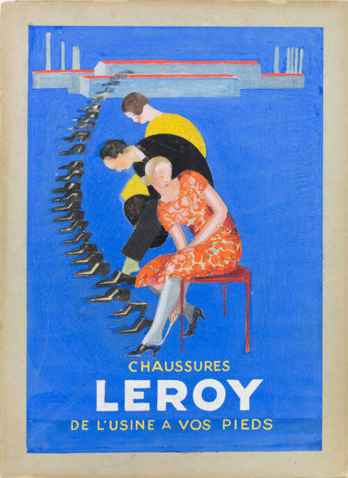 1928 - Des chaussures sortent d'une usine à la chaîne et arrivent directement au pied du client qui les essaye.