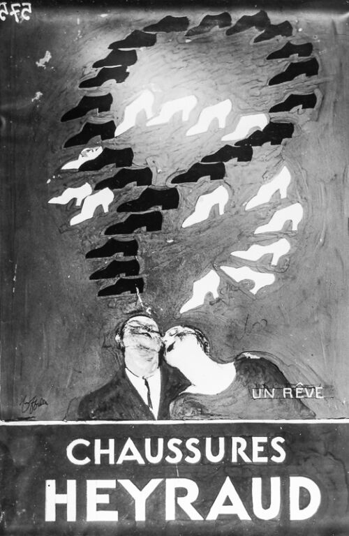 1929 - Un couple rêve de chaussures. Le fond bleu de l'esquisse nous entraîne dans une atmosphère nocturne. - Leonetto Cappiello