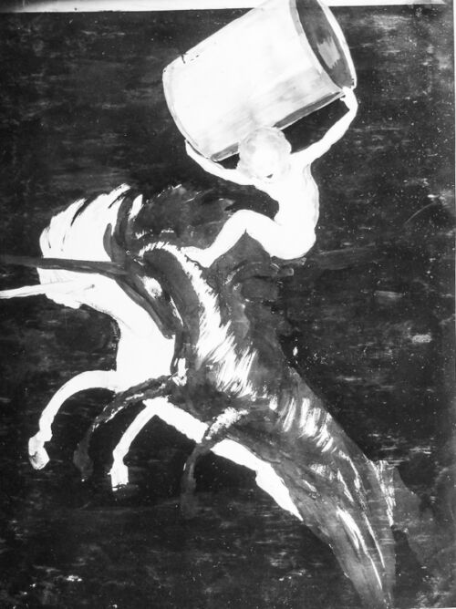 1929 - Un enfant monte deux licornes. Il porte à bout de bras une bouteille de Cinzano.