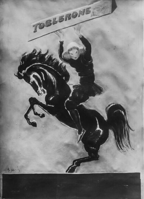 1926 - Une écuyère sur un cheval cabré brandit au-dessus de sa tête une boîte de biscuit.