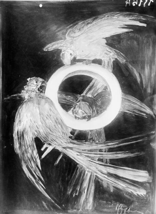 1923 - Trois perroquets virevoltent autour d'un pneu.