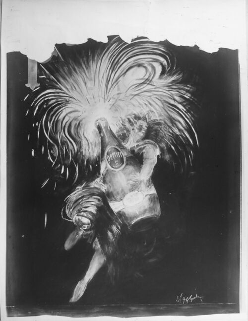 1922. - Une femme tient une bouteille d'eau Perrier disproportionnée. Comme elle vient de l'ouvrir