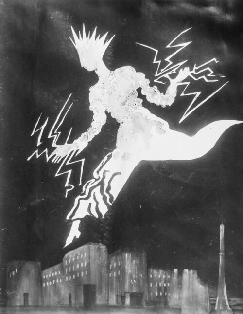 1931 - La Fée Electricité vole au-dessus d'une ville pendant la nuit. De l'électricité s'échappe de ses doigts pour éclairer chaque habitation.