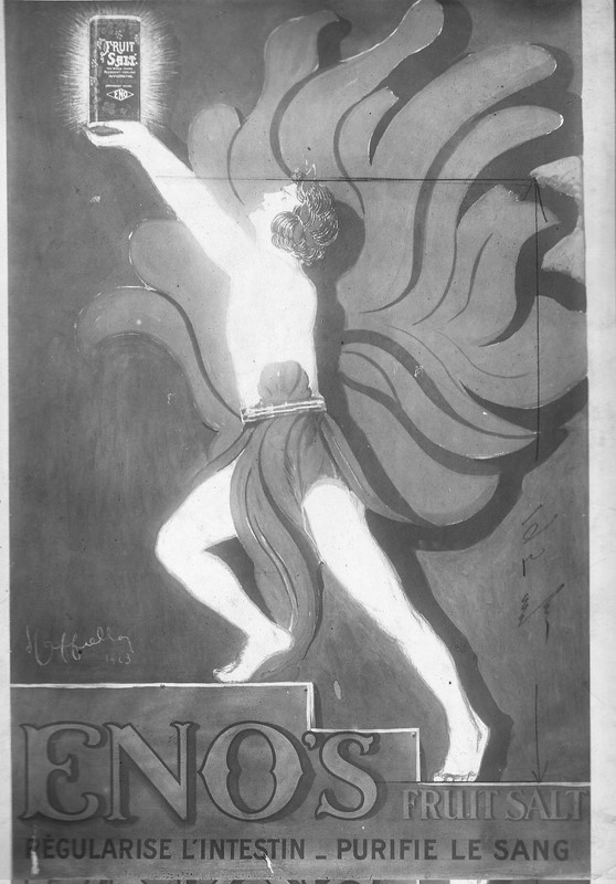 1923 - Un athlète monte sur le podium. Il a l'estomac enflammé et brandit à deux mains un flacon d'Eno's Salt pour le soulager. - Leonetto Cappiello