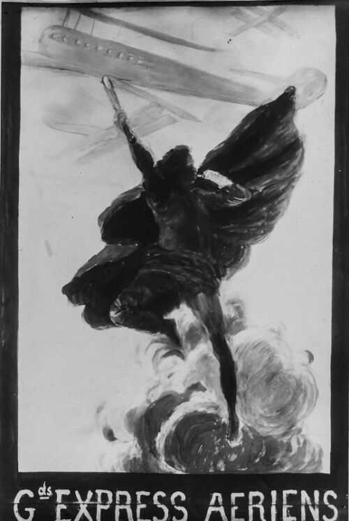 1919 - Une première esquisse intitulée : Gds. Express Aériens a été réalisée non signée (voir photo noir et blanc). Elle montre un homme dans les nuages près des avions.