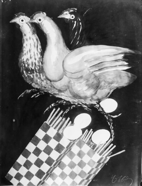 1934 - Cette esquisse a été conçue pour les Pâtes Lustucru en 1927 (Cf. photo noir et blanc). Elle a été vendue aux Pâtes Faverolle en 1934.