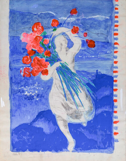 1930 ca. - Deux esquisses pour présenter la France : Marianne arrive vers nous avec une brassée de fleurs dans les bras. Au loin on aperçoit des champs