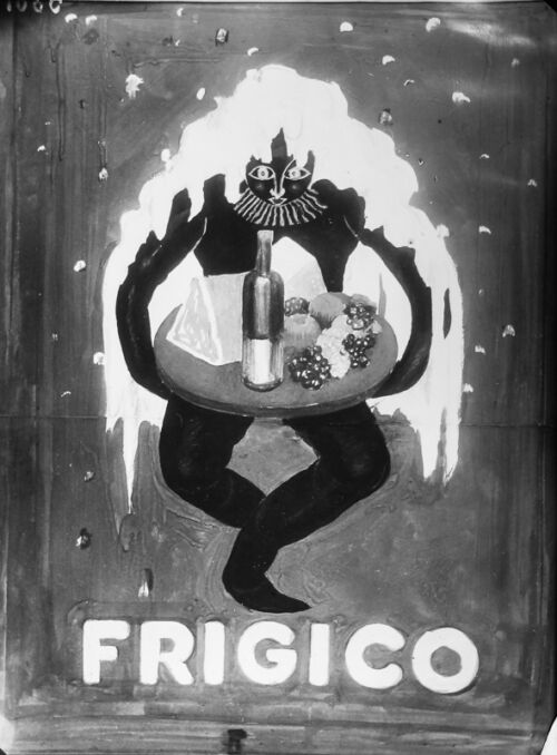 1931 - Un humanoïde en noir sous un manteau de neige enveloppant porte un plateau recouvert de denrées alimentaires. - Leonetto Cappiello