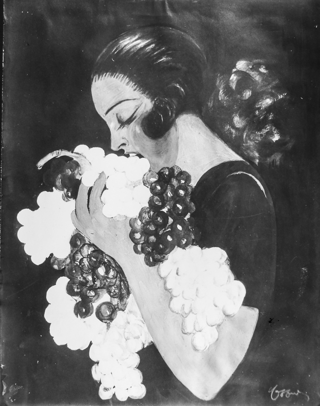 1931 - A woman carries a bunch of fruit that she bites into heartily.