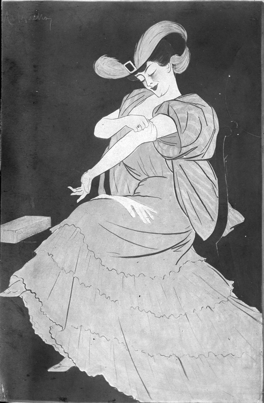 1907 - A woman sitting at a table tries on long gloves.