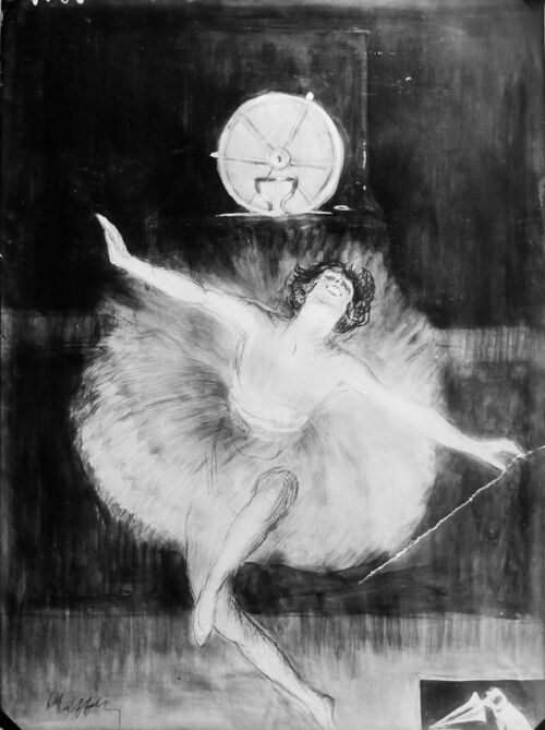 1923 - Une danseuse en tutu se produit sur scène au son d'un gramophone.