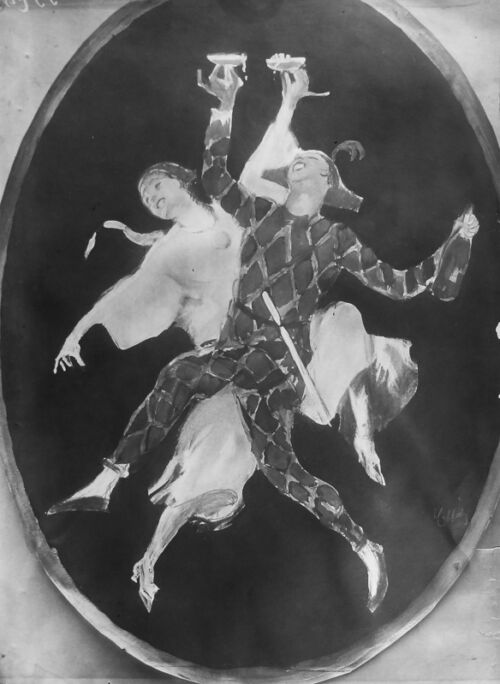 1924 - Arlequin et Pierrot dansent joyeusement avec une bouteille de cidre et des verres à la main. - Leonetto Cappiello