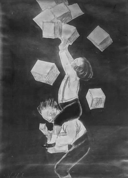 1923 - Un jeune garçon porte une fillette sur ses épaules. Ils attrapent les paquets de biscuits qui tombent du ciel. - Leonetto Cappiello