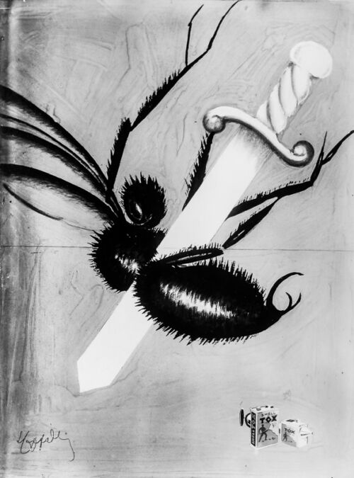 1929 - Un glaive coupe en deux un insecte recroquevillé. - Leonetto Cappiello