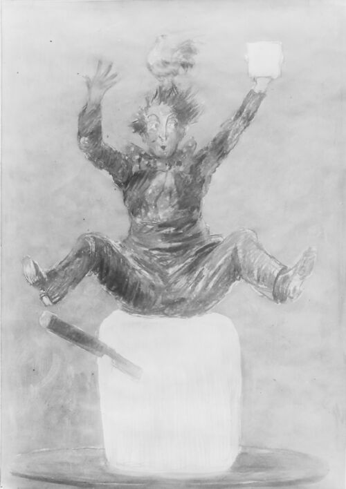 1919 - Un homme habillée de façon fantaisiste est assis sur une motte de beurre.